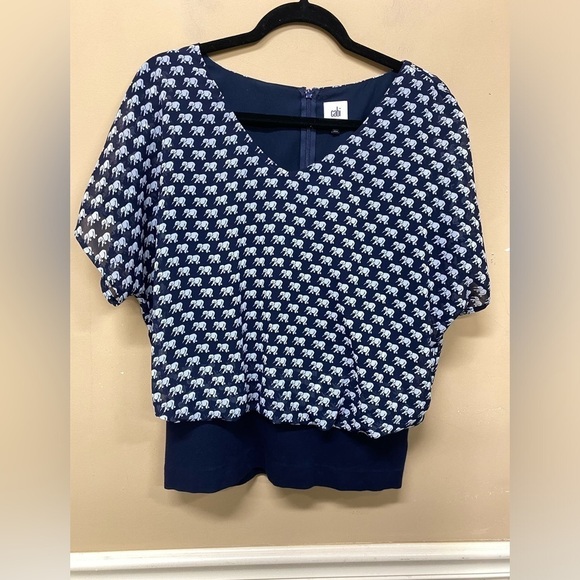 Cabi Parade Blouse Top Sz S Elephant Print Style# 5345 Navy Blue White - Picture 1 of 5
